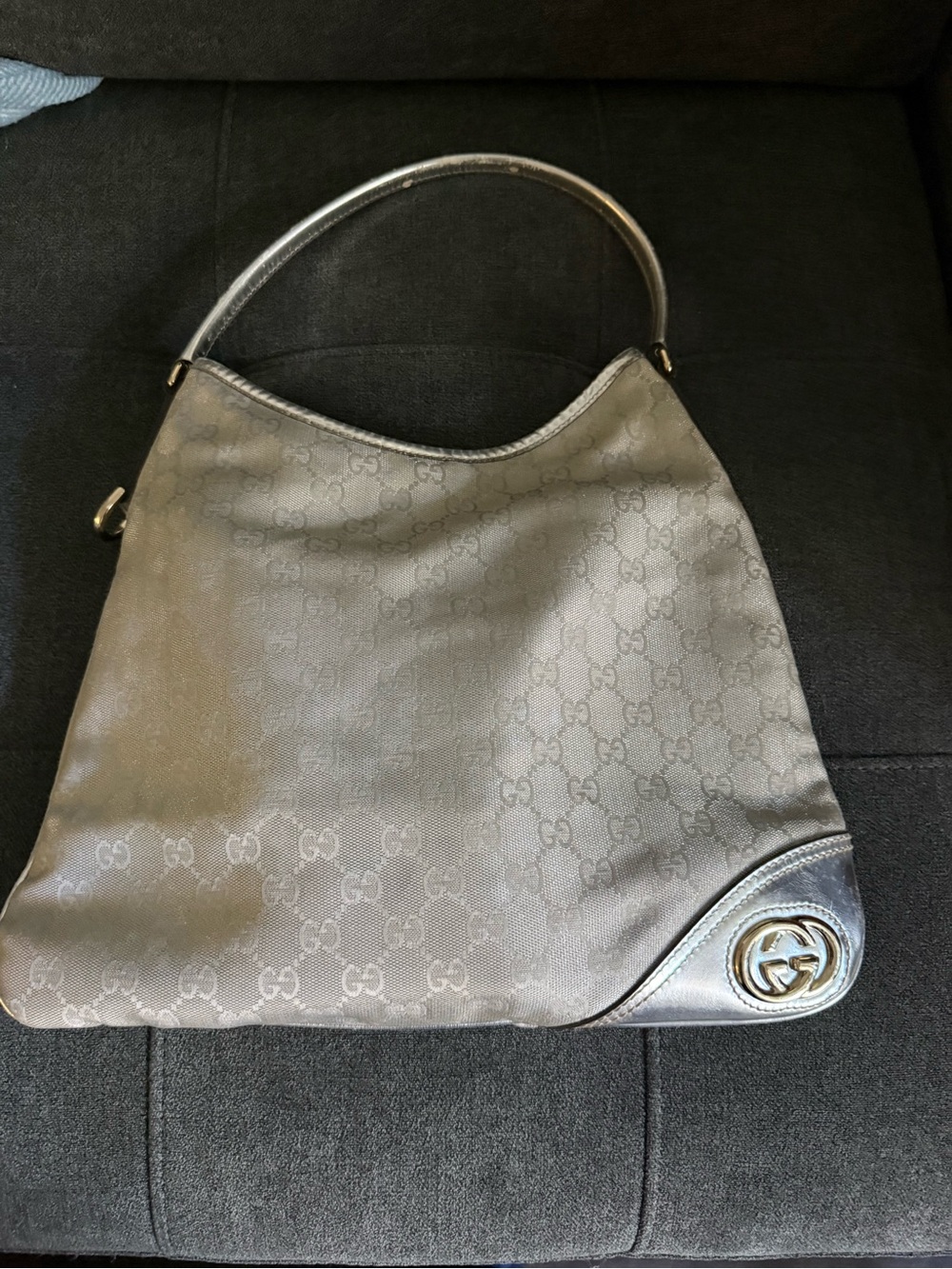 Gucci metallic silver Britt GG Canvas Hobo Bag